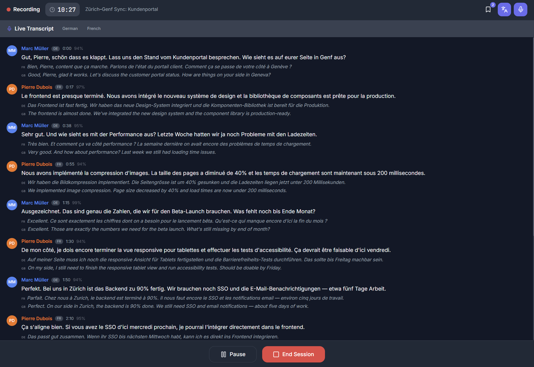 Protokollwerk Dashboard – Live-Transkription mit Sprechererkennung und Echtzeit-Übersetzung